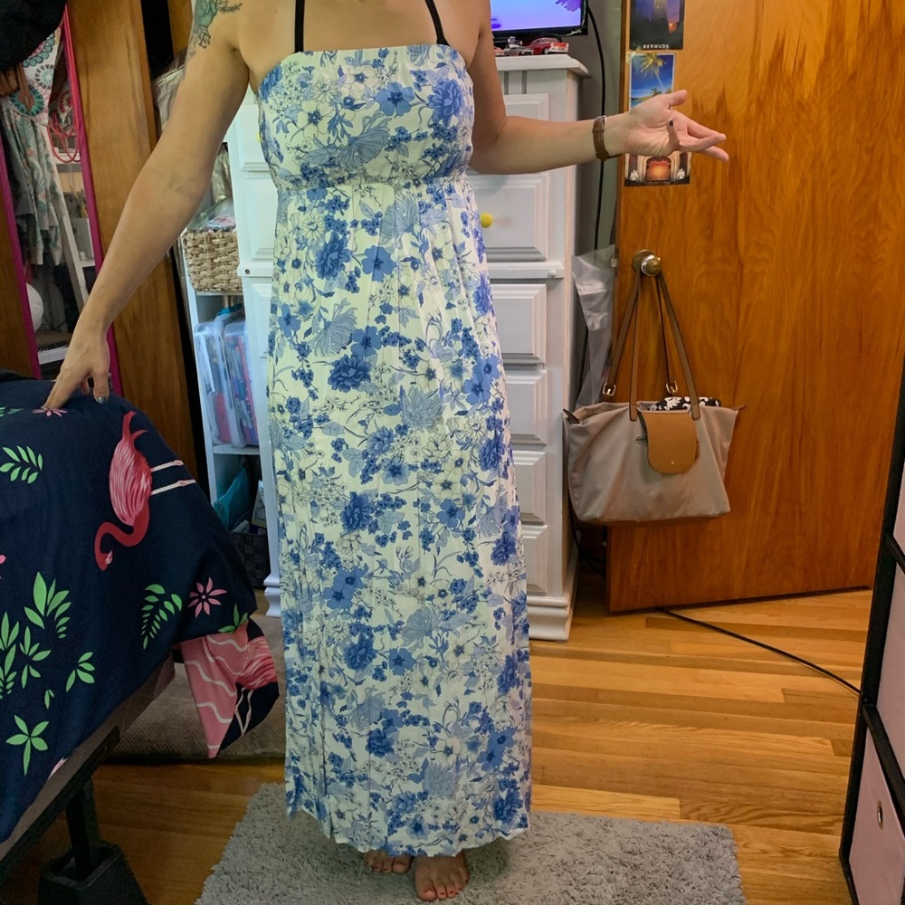 Blue and white floral maxi dress